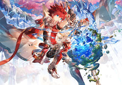  1boy aiguillette armor belt blue_eyes boots cape commentary_request elsword elsword_(character) expressionless floating floating_object floating_rock gloves knight_emperor_(elsword) pauldrons photoshop_(medium) planet red_hair scorpion5050 short_hair shoulder_armor sword tree water weapon 