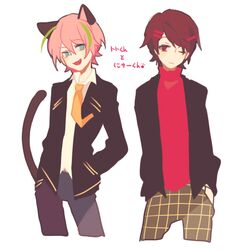  2boys animal_ears blue_eyes brown_eyes brown_hair cat_ears cat_tail commentary_request genderswap_(ftm) hashimoto_nyaa jacket kuiko_(1748965794) looking_at_viewer male_focus multicolored_hair multiple_boys oerba_yun_fang one_eye_closed open_clothes open_jacket osomatsu-kun osomatsu-san osomatsu_(series) pink_hair rule_63 smile streaked_hair tail turtleneck yowai_totoko 