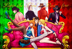  2girls 5boys ;) arsene_lupin_iii bad_id bad_pixiv_id beard black_hair blue_jacket breasts cleavage commentary_request copyright_name covered_eyes facial_hair formal high_heels highres ishikawa_goemon_xiii italian_flag jacket jigen_daisuke large_breasts lupin_iii mamoru_(mamoru44) medium_breasts mine_fujiko multiple_boys multiple_girls necktie nix_(lupin_iii) one_eye_closed open_clothes open_jacket over_shoulder rebecca_rossellini red_necktie sitting smile suit zenigata_kouichi 