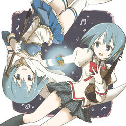  2girls blue_hair cape commentary_request dual_persona gecco_knight gloves instrument magical_girl mahou_shoujo_madoka_magica mahou_shoujo_madoka_magica_(anime) miki_sayaka miki_sayaka_(magical_girl) mitakihara_school_uniform multiple_girls musical_note school_uniform short_hair smile soul_gem thighhighs violin white_cape white_gloves white_thighhighs 