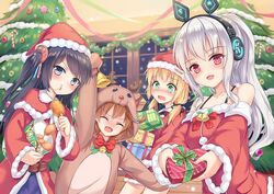  4girls animal_costume animal_ear_headphones animal_ears ann_(krt_girls) antlers bare_shoulders bell black_hair blonde_hair blue_eyes blush brown_hair bucket bucket_of_chicken capelet chicken_(food) christmas christmas_tree closed_eyes commentary_request emilia_(krt_girls) fake_animal_ears food fur_trim gift green_eyes hair_ornament hat headphones horns krt_girls long_hair looking_at_viewer milkshakework multiple_girls nana_(krt_girls) oerba_yun_fang open_mouth rabbit_ear_headphones red_eyes santa_costume santa_hat twintails xiao_qiong 