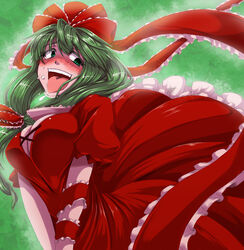  blush breasts cleavage commentary_request dress female frills front_ponytail green_background green_eyes green_hair hair_ribbon kagiyama_hina kuon_yashiro large_breasts long_hair naughty_face open_mouth red_dress ribbon saliva solo tongue tongue_out touhou 