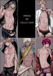  5boys a3! abs black_hair black_necktie blonde_hair boxer_briefs checkered chigasaki_itaru citron_(a3!) commentary_request finger_to_mouth jacket jacket_on_shoulders kitazawa_k loose_necktie male_focus male_underwear minagi_tsuzuru multiple_boys necktie nipples off_shoulder pink_hair sakuma_sakuya shirt toned toned_male topless_male umbrella underwear undressing usui_masumi white_hair white_shirt 