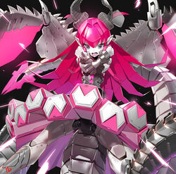  android black_background blue_eyes circle_skirt commentary_request crossed_arms elizabeth_bathory_(fate) elizabeth_bathory_(fate/extra_ccc) fate/grand_order fate_(series) female hair_between_eyes horns long_hair looking_at_viewer mecha mecha_eli-chan_(fate) mechanical_skirt open_mouth photoshop_(medium) pink_hair robot signature skirt solo sparks tail wings yd_(orange_maru) 