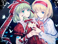  2girls alice_margatroid blonde_hair blue_eyes bow capelet cetera commentary_request efs frills front_ponytail green_eyes green_hair hair_ribbon hairband hairbow kagiyama_hina multiple_girls nail_polish ribbon short_hair touhou 