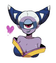  bad_id bad_pixiv_id bare_shoulders breasts colored_skin cropped_torso cyclops female fuumin_(youkai_watch) hair_horns half-closed_eyes heart kiitos12 large_breasts looking_at_viewer monster_girl one-eyed pink_eyes pointy_ears purple_skin simple_background solo tongue tongue_out upper_body white_background youkai_(youkai_watch) youkai_watch 