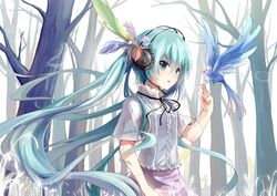  aqua_eyes aqua_hair bird bird_on_hand commentary_request feathers female hair_ornament hatsune_miku headphones headset jpeg_artifacts long_hair solo twintails very_long_hair vocaloid zhao_shuwen 