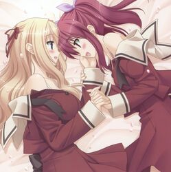  2girls :d bed_sheet blonde_hair blue_eyes blush bra eye_contact hair_ribbon hand_on_another&#039;s_face happy highres holding_hands interlocked_fingers kani_biimu long_hair looking_at_another lying matsubara_yuuna multiple_girls oda_nanami official_art on_side open_clothes open_mouth open_shirt paint.net_(medium) petals pink_background pink_eyes pink_hair pleated_skirt ribbon scan school_uniform serafuku shirt skirt smile sono_hanabira_ni_kuchizuke_wo st._michael&#039;s_school_uniform twintails underwear undressing wavy_hair yuri 