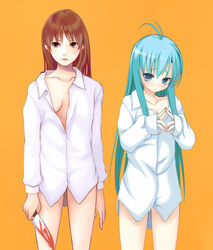  2girls antenna_hair bad_id bad_pixiv_id blood blue_eyes blue_hair brown_eyes brown_hair creator_connection denpa_onna_to_seishun_otoko kamimiya knife misono_mayu multiple_girls naked_shirt shirt short_hair touwa_erio usotsuki_mii-kun_to_kowareta_maa-chan 