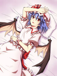  bat_wings blue_hair blush bow commentary female hat hat_bow lying on_back red_eyes remilia_scarlet rimibure sash solo touhou wings wrist_cuffs 