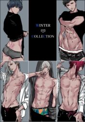  5boys a3! abs arisugawa_homare ass bare_pectorals black_hair black_male_underwear boxer_briefs briefs clothes_pull commentary_request contrapposto edging_underwear green_male_underwear grey_background grey_hair hair_over_one_eye hood hoodie jacket kitazawa_k lingerie long_hair looking_back male_focus male_underwear male_underwear_peek male_underwear_pull mikage_hisoka multiple_boys nipples open_clothes open_jacket pants pants_pull parted_lips pectorals print_male_underwear red_hair red_male_underwear sidelocks simple_background standing takato_tasuku toned toned_male tsukioka_tsumugi underwear undressing yukishiro_azuma 