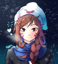  artist_name beanie black_coat blue_heart blue_scarf blush braid breath brown_eyes brown_hair coat cold commentary d.va_(overwatch) eyelashes facial_mark female hair_over_shoulder hat heart long_hair looking_at_viewer night outdoors overwatch overwatch_1 scarf single_braid smile snow solo swept_bangs teeny_(nonzone) upper_body whisker_markings winter_clothes winter_coat 