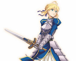  ahoge armor armored_dress artoria_pendragon_(fate) blonde_hair braid commentary_request dress excalibur_(fate/stay_night) fate/stay_night fate_(series) female gauntlets green_eyes hair_bun hair_ribbon ribbon saber_(fate) seven_(11) single_hair_bun solo sword weapon 