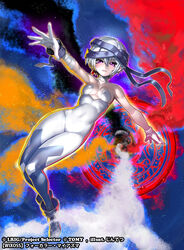  bandaged_arm bandages bare_shoulders blush bodysuit boots breasts breasts_apart commentary_request company_name covered_navel earrings female floating full_body gloves hair_ornament hair_ribbon jewelry jintetsu legs_together lips magic_circle official_art outstretched_arms pale_skin parted_lips photoshop_(medium) purple_eyes ribbon selector_wixoss short_hair single_earring skin_tight small_breasts smile solo ulith_(wixoss) watermark white_bodysuit white_hair wixoss 