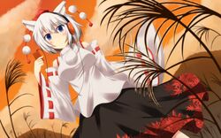  animal_ears blue_eyes blush commentary_request detached_sleeves digital_media_player dress female hat headphones highres inubashiri_momiji kokubun_(akikawaship) short_hair smile solo tail tokin_hat touhou white_hair wolf_ears wolf_tail 