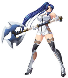  axe bare_shoulders blue_hair breasts elbow_gloves female female fishnets full_body game_cg gloves high_heels holding kagami kagami_hirotaka large_breasts legs lilith-soft long_hair looking_at_viewer ponytail red_eyes serious shiny shiny_clothes shiny_hair shiny_skin simple_background solo standing taimanin_asagi taimanin_asagi_3 taimanin_murasaki thighhighs thighs weapon white_background yatsu_murasaki 