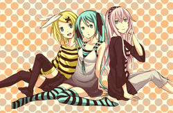  3girls aqua_eyes aqua_hair arm_support blonde_hair blue_eyes commentary_request hatsune_miku kagamine_rin long_hair megurine_luka multiple_girls pink_hair sitting striped_clothes striped_thighhighs thighhighs twintails very_long_hair vocaloid yuuko 