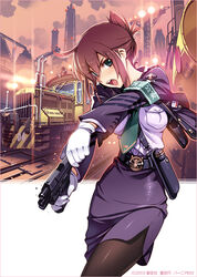  armband black_pantyhose blush border brown_hair commentary_request female folded_ponytail gloves green_eyes gun handgun holding holding_gun holding_weapon jacket locomotive long_hair long_skirt looking_at_viewer necktie open_mouth pantyhose pencil_skirt rail_wars! reloading sakurai_aoi shirt short_hair skirt solo train uniform vania600 walther walther_p99 watermark weapon white_shirt 