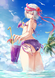  ass bad_id bad_pixiv_id bare_shoulders bikini bird blush breasts caustics cloud cowboy_shot cup day drink drinking_glass drinking_straw female flower frilled_bikini frills from_behind from_below gohei_(aoi_yuugure) hair_ornament hair_ribbon hibiscus highres holding holding_cup lens_flare looking_at_viewer looking_back open_mouth outdoors palm_tree perspective purple_bikini purple_eyes ribbon seagull selector_wixoss short_hair sky small_breasts smile solo standing swimsuit tree ulith_(wixoss) wading water white_hair wixoss 