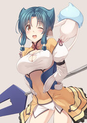  :d animal_ears arms_behind_back atuy blue_hair breasts brown_eyes cleavage cleavage_cutout clothing_cutout commentary_request covered_navel female green_hair highres kurarin_(utawarerumono) large_breasts one_eye_closed open_mouth short_hair sidelocks smile solo squid tenkuu_nozora utawarerumono utawarerumono:_itsuwari_no_kamen 