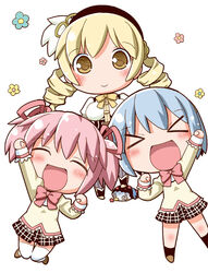  &gt;_&lt; 3girls :d @_@ blonde_hair blue_hair blush charlotte_(madoka_magica) chibi closed_eyes commentary_request flower gerotan happy kaname_madoka magical_girl mahou_shoujo_madoka_magica mahou_shoujo_madoka_magica_(anime) miki_sayaka mitakihara_school_uniform multiple_girls open_mouth pink_hair school_uniform skirt smile spiral-only_eyes thighhighs tomoe_mami tomoe_mami_(magical_girl) white_legwear xd zettai_ryouiki 