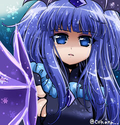  bad_end_beauty bad_end_precure black_bodysuit blue_background blue_eyes blue_hair bodysuit cokata commentary_request dark_blue_hair empty_eyes expressionless eyeshadow female long_hair makeup photoshop_(medium) precure purple_eyeshadow smile_precure snowflakes solo sword twitter_username weapon 