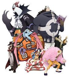  6+boys amazon_warrior bartholomew_kuma bible_(object) black_hair blonde_hair blue_skin boa_hancock book claws colored_skin commentary_request crocodile_(one_piece) cross donquixote_doflamingo dracule_mihawk earrings facial_hair female fish_boy gecko_moria gloves hat highres hook_hand horns jewelry jinbe_(one_piece) kamakiri long_hair monster monster_boy multiple_boys one_piece pale_skin pendant pillow profile salome_(one_piece) sharp_teeth shichibukai short_hair simple_background size_difference skull snake standing sword tattoo teeth weapon white_background white_skin yoru_(sword) 