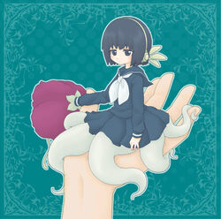  black_hair bob_cut commentary_request female flower headphones in_palm inutarouta mini_person minigirl monster_girl nene_nene plant school_uniform serafuku short_hair solo_focus utau 