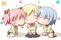  3girls ^_^ black_legwear blonde_hair blue_hair cheek-to-cheek chibi closed_eyes commentary_request gerotan heads_together kaname_madoka mahou_shoujo_madoka_magica mahou_shoujo_madoka_magica_(anime) miki_sayaka mitakihara_school_uniform multiple_girls pantyhose pink_hair rainbow_order school_uniform smile thighhighs tomoe_mami white_legwear 