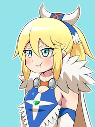  ayuria bare_shoulders blonde_hair blue_background blue_eyes blush bone_hair_ornament breasts cape cleavage closed_mouth commentary_request detached_sleeves dress female fur_trim hair_ornament half-closed_eyes highres inaba_(tensai21) looking_to_the_side monster_hunter_(series) monster_hunter_stories ponytail pout simple_background sleeveless sleeveless_dress small_breasts solo upper_body wavy_mouth 