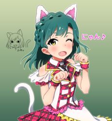  2girls ;d animal_ears blue_hair cat_ears cat_tail commentary_request frills idolmaster idolmaster_cinderella_girls idolmaster_million_live! looking_at_viewer maekawa_miku multiple_girls nanao_yuriko oerba_yun_fang one_eye_closed open_mouth paw_pose plaid short_hair smile tail translation_request tyke wrist_cuffs yellow_eyes 