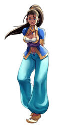  ahoge arabian_clothes arms_behind_back breasts brown_hair capcom cleavage dark-skinned_female dark_skin earrings female harem_pants jewelry lips long_hair navel necklace official_art pants photoshop_(medium) pointy_footwear ponytail pullum_purna sash shoes solo street_fighter street_fighter_ex_(series) vest 