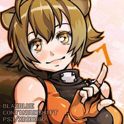  animal_ears blazblue brown_hair commentary_request copyright_name female fingerless_gloves gloves kuroshin lowres makoto_nanaya orange_eyes photoshop_(medium) short_hair solo squirrel_ears squirrel_girl squirrel_tail tail 