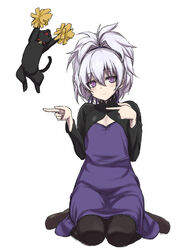  black_cat black_legwear commentary_request darker_than_black dress expressionless feline female grey_hair kneeling mao_(darker_than_black) pantyhose parody photoshop_(medium) pointing pom_pom_(cheerleading) ponytail purple_dress purple_eyes sengoku_aky sparkling_daydream white_background yin_(darker_than_black) 