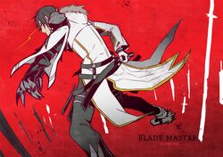  1boy artist_name bad_id bad_pixiv_id black_hair black_pants blade_master_(elsword) character_name coat copyright_name daizu_yan elsword fighting_stance full_body hood hoodie looking_back male_focus mechanical_arms pants raven_cronwell ready_to_draw red_background scabbard sheath single_mechanical_arm solo yellow_eyes 