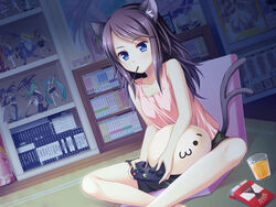  :3 animal_ears aobato_kobato bare_legs bare_shoulders black_rock_shooter black_rock_shooter_(character) blue_eyes cat_ears cat_tail collarbone controller dutch_angle female figure food forked_tail game_cg game_controller hatsune_miku highres indoors kemonomimi_mode long_hair mahou_shoujo_madoka_magica mahou_shoujo_madoka_magica_(anime) mouth_hold neon_genesis_evangelion otomimi_infinity pocky purple_hair shorts sitting solo souryuu_asuka_langley suzune_mayoi tail vocaloid xbox_controller 