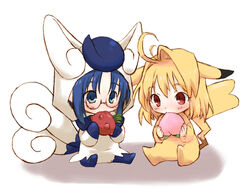  2girls ahoge arcueid_brunestud blonde_hair blue_eyes blue_hair chibi ciel_(tsukihime) commentary_request cosplay eating food fruit glasses meowstic meowstic_(cosplay) meowstic_(female) multiple_girls peach photoshop_(medium) pikachu pikachu_(cosplay) pikakoya pokemon red_eyes sitting tsukihime 