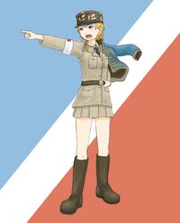  asparagus_(girls_und_panzer) bad_id bad_pixiv_id bc_freedom_(emblem) bc_freedom_military_uniform blonde_hair blue_eyes boots emblem female girls_und_panzer girls_und_panzer_ribbon_no_musha haashi hat highres jacket jacket_over_shoulder kepi knee_boots military military_hat military_uniform open_mouth pelisse pointing short_hair solo uniform unworn_jacket 