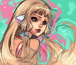  bad_deviantart_id bad_id bad_link blonde_hair brown_eyes chii chobits choker female from_behind kate_niemczyk lips long_hair looking_at_viewer looking_back oekaki robot_ears sidelocks solo upper_body very_long_hair 