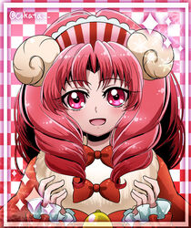  :d akagi_towa blush bow checkered_background cokata commentary_request curly_hair female go!_princess_precure goat_horns hairband horns long_hair open_mouth photoshop_(medium) precure red_bow red_eyes red_hair smile solo twitter_username upper_body 