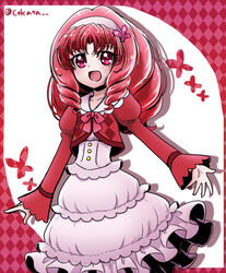  akagi_towa argyle_background bow butterfly_hair_ornament cokata commentary_request cowboy_shot curly_hair dress female frills go!_princess_precure hair_ornament hairband long_hair photoshop_(medium) precure red_background red_bow red_eyes red_hair smile solo twitter_username white_dress 