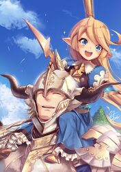  1boy armor bad_id bad_pixiv_id baotorda blonde_hair blue_eyes blush carrying charlotta_(granblue_fantasy) female fukai_ryosuke granblue_fantasy happy harvin long_hair open_mouth pointy_ears shoulder_carry smile 