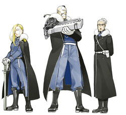  2boys absurdres amestris_military_uniform black_hair blackfoxes blonde_hair blue_eyes braid buccaneer_(fma) commentary_request dark_skin facial_hair female fullmetal_alchemist fur_trim gloves highres long_coat long_hair miles_(fma) military military_uniform moustache multiple_boys olivier_mira_armstrong photoshop_(medium) ponytail prosthesis prosthetic_arm sheath sheathed sword uniform weapon white_background white_hair 