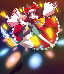  1boy anime_coloring bad_id bad_pixiv_id battle crossover female hakurei_reimu highres light_particles mikasa_(mitochondri) ofuda siren_(series) siren_1 suda_kyouya touhou yin_yang 