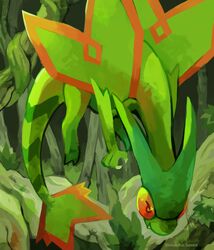  ambiguous_gender arthropod claws detailed_background fakemon feral flygon generation_3_pokemon green_body green_skin green_theme hi_res insects nintendo pokemon pokemon_(species) rinnai-rai solo wings 