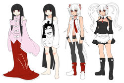  2girls alternate_hairstyle aoshima bare_legs bare_shoulders barefoot black_hair black_legwear blunt_bangs boots breasts cleavage commentary_request contemporary fujiwara_no_mokou gundam gym_ghingnham highres houraisan_kaguya impossible_clothes impossible_shirt long_hair maid medium_breasts multiple_girls naked_shirt navel necktie off_shoulder red_eyes scowl shirt short_shorts shorts skirt sleeves_past_wrists thighhighs touhou turn_a_gundam very_long_hair white_hair wide_sleeves wrist_cuffs 