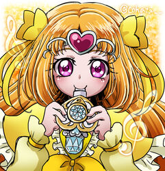  blowing bow brooch circlet cokata commentary_request cure_muse_(yellow) female frills hairbow heart jewelry long_hair magical_girl orange_hair photoshop_(medium) pink_eyes precure shirabe_ako smile solo suite_precure treble_clef twitter_username upper_body yellow_background yellow_bow 