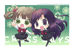  2girls black_eyes black_hair bow brown_hair chibi commentary_request cross_days green_eyes katsura_kotonoha kuroda_hikari long_hair multiple_girls red_bow school_days school_uniform takamura_masaya thighhighs twintails 