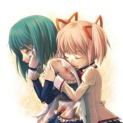  2girls blue_hair cape closed_eyes commentary_request gloves hair_ribbon hug hug_from_behind injury kaname_madoka lowres magical_girl mahou_shoujo_madoka_magica mahou_shoujo_madoka_magica_(anime) miki_sayaka miki_sayaka_(magical_girl) mitakihara_school_uniform multiple_girls pink_hair ribbon saiha school_uniform short_hair short_twintails tears torn_clothes twintails 