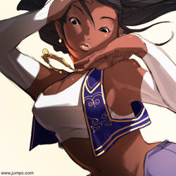  arabian_clothes black_hair breasts bridal_gauntlets cleavage crop_top dark-skinned_female dark_skin earrings elbow_gloves falcoon female gloves jewelry large_breasts lips long_hair midriff necklace photoshop_(medium) ponytail pullum_purna solo street_fighter street_fighter_ex_(series) vest watermark web_address white_gloves 